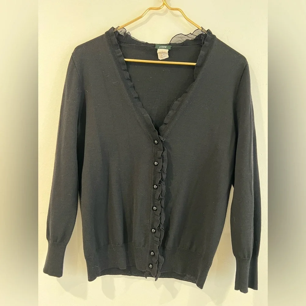 J Crew women's cardigan black, ruffled collar, 100 % merino wool button-down, M